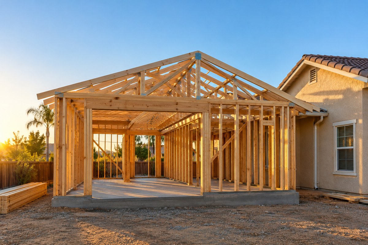 Illustrative image: the wood framing of a home addition at sunset