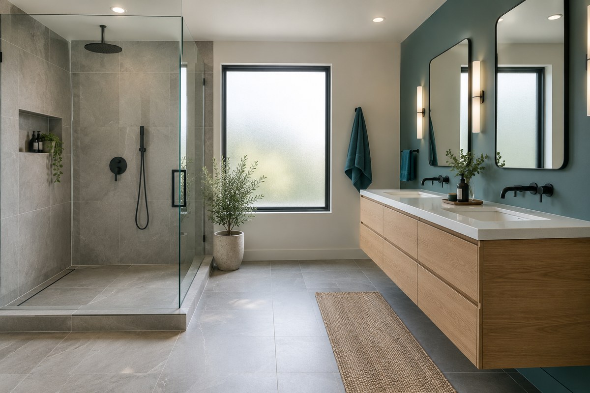 Illustrative image: a remodeled bathroom with a glass shower and a light oak double vanity
