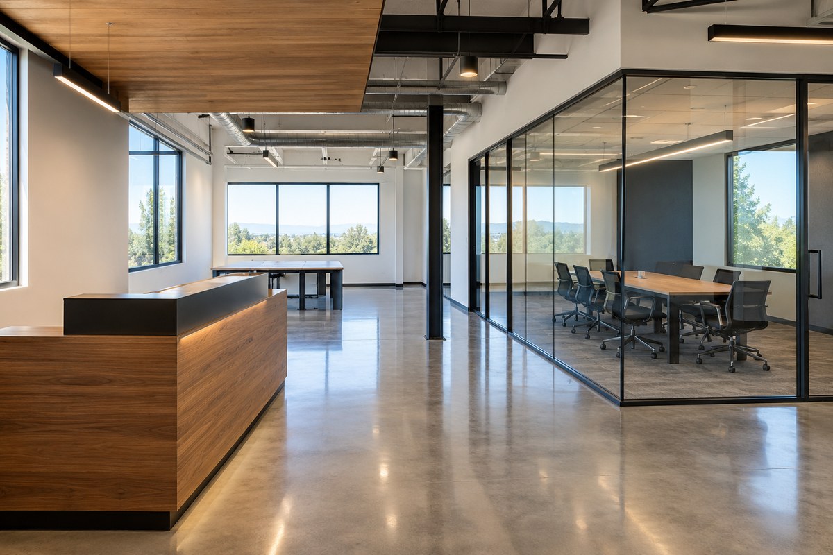 Illustrative image: a modern office build-out with a glass conference room