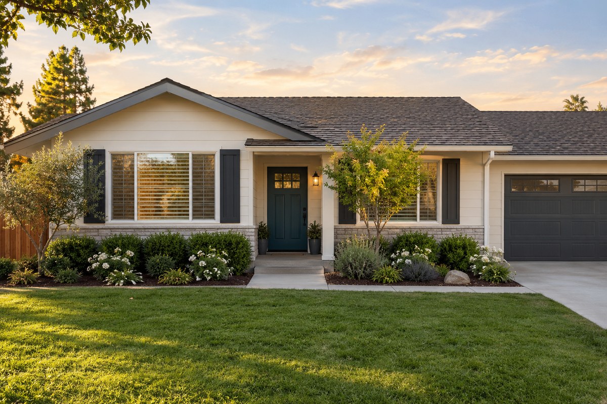 Illustrative image: a well kept single story California home at golden hour