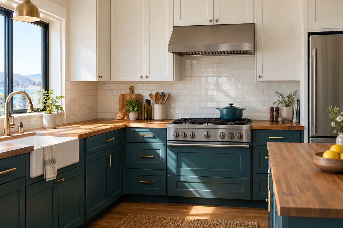 Illustrative image: a remodeled kitchen with teal and white cabinets and a butcher block counter
