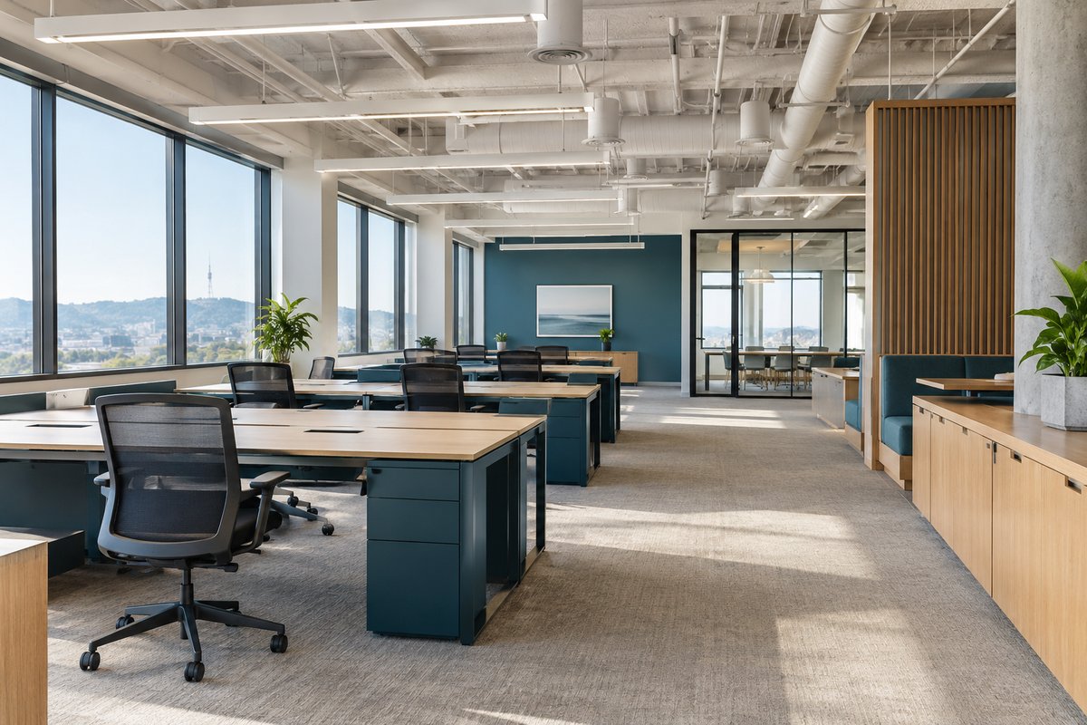 Illustrative image: a bright modern open office with long desks