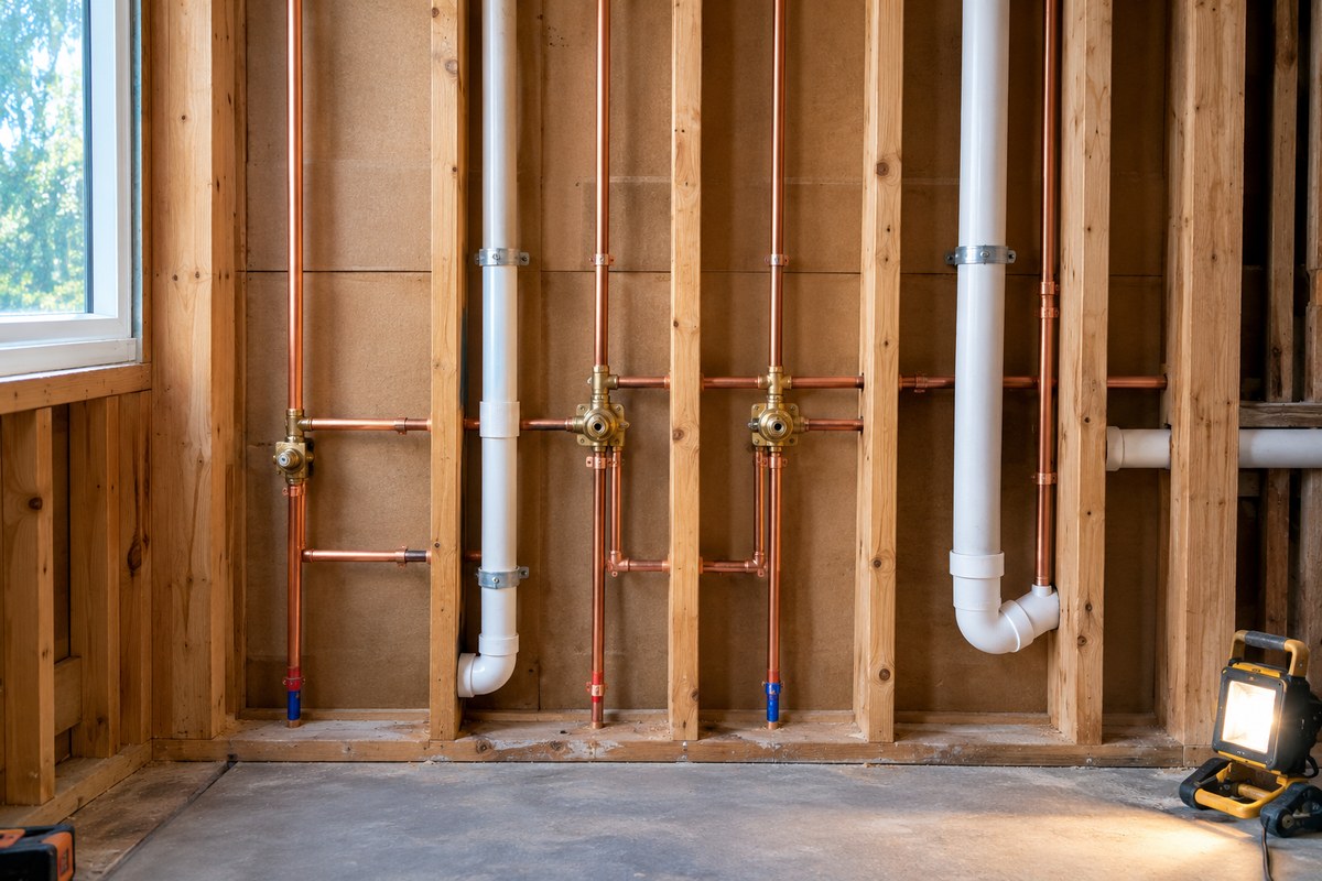 Illustrative image: new copper and PVC plumbing in an open framed wall