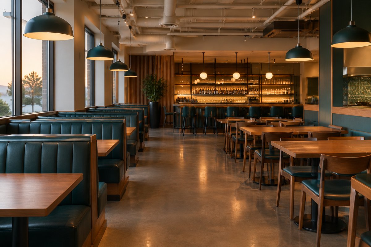 Illustrative image: a restaurant dining room with teal booths and wood tables